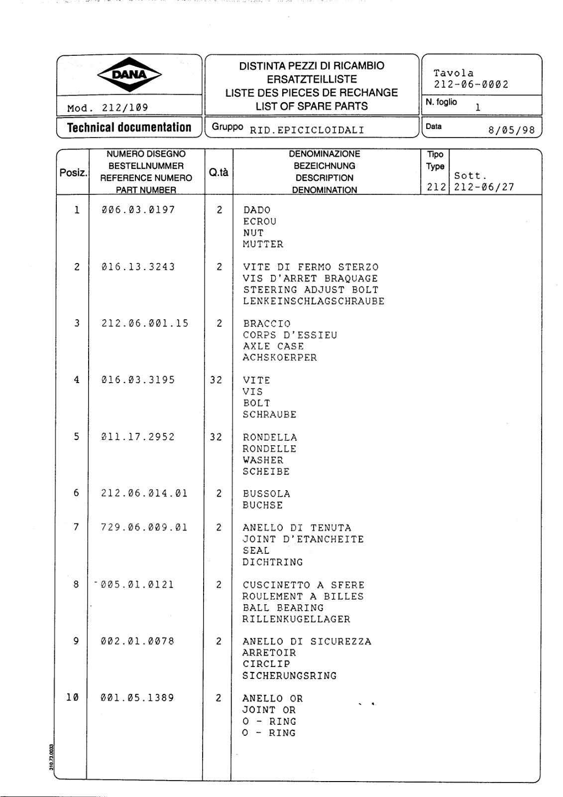 Dana Spicer 212/109 Steering Axle Parts Catalog for Dieci ET 135 - ET 136 Telehandler – sample page 2