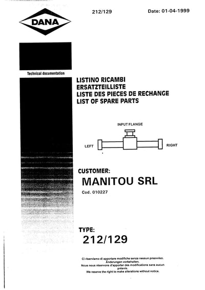 Dana Spicer 212/129 Steering Axle Parts Catalog for Manitou Railway Tractor – cover
