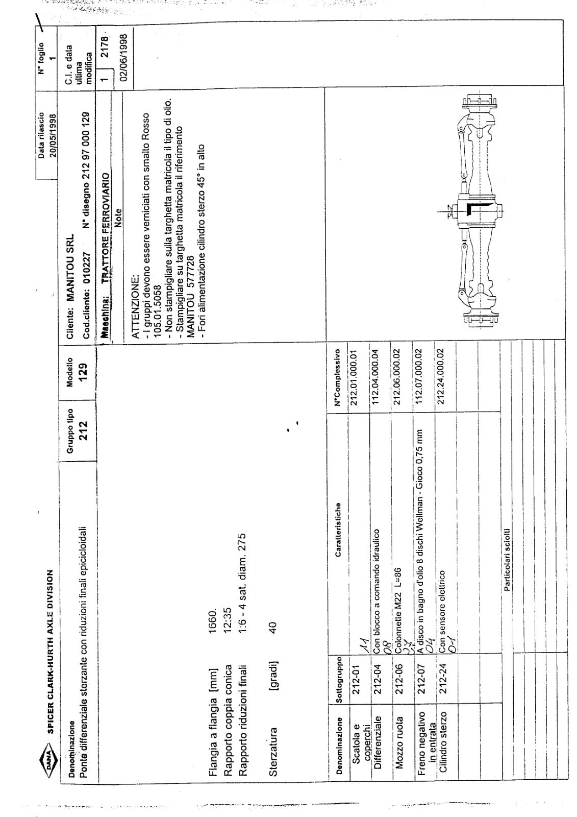 Dana Spicer 212/129 Steering Axle Parts Catalog for Manitou Railway Tractor – sample page 1
