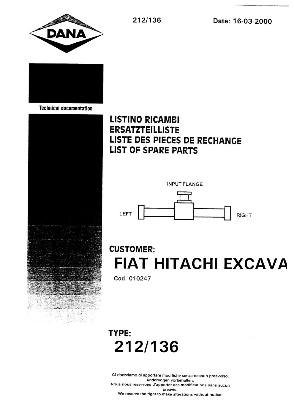 Dana Spicer 212/136 Steering Axle Parts Catalog for Fiat-Hitachi EX135W Wheeled Excavator – cover