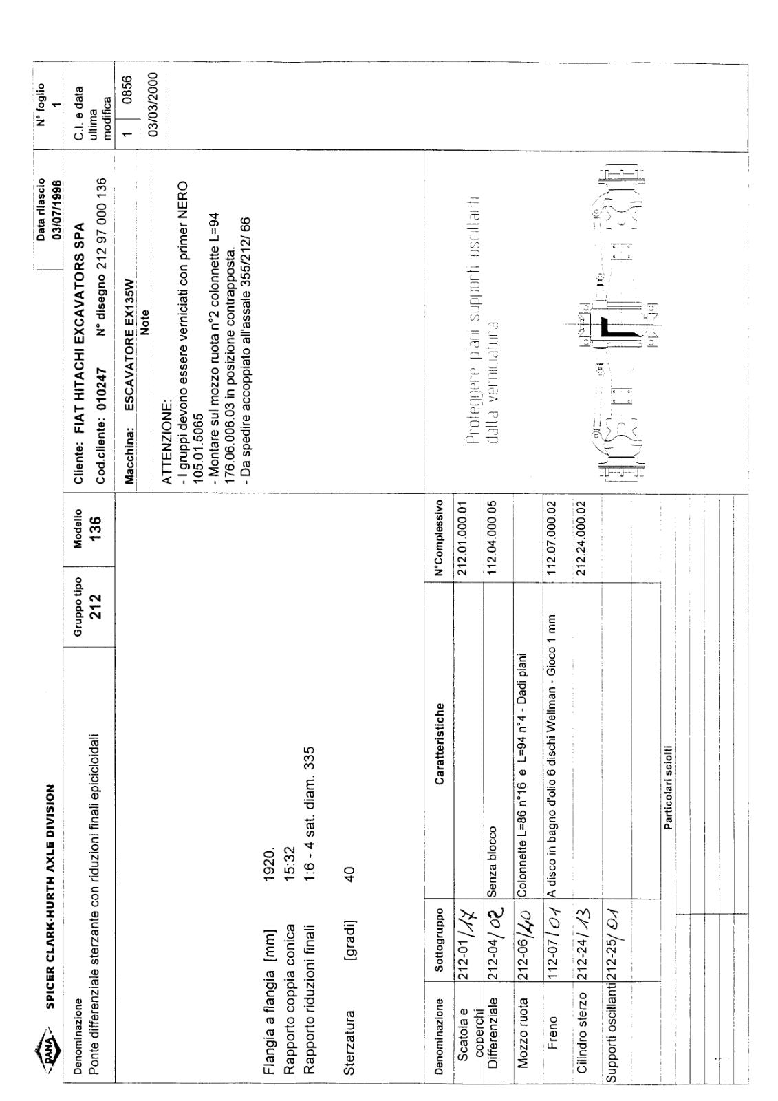 Dana Spicer 212/136 Steering Axle Parts Catalog for Fiat-Hitachi EX135W Wheeled Excavator – sample page 1