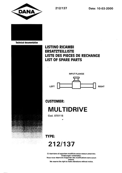 Dana Spicer 212/137 Steering Axle Parts Catalog for Multidrive 6155 Sprayer – cover