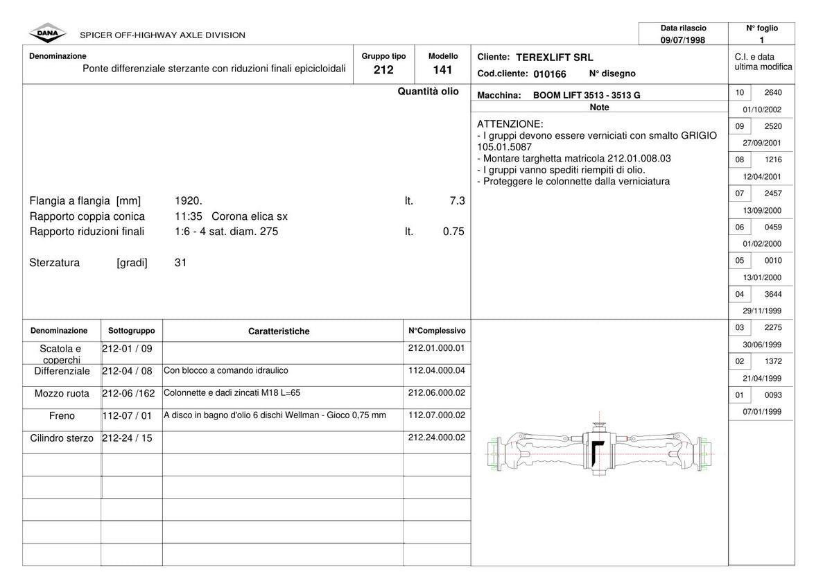 Dana Spicer 212/141 Steering Axle Parts Catalog for Terex 3513 - 3513 G Telehandler – sample page 1