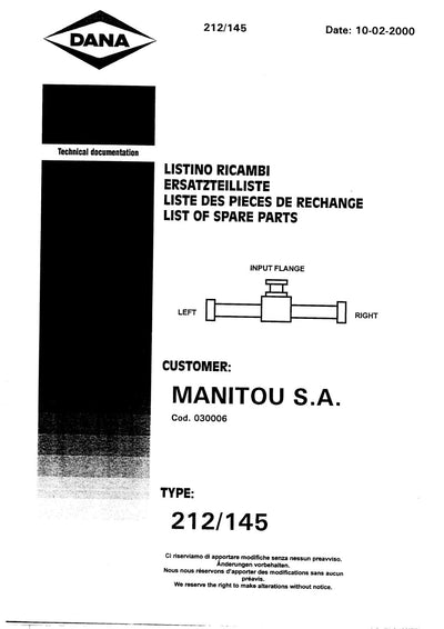 Dana Spicer 212/145 Steering Axle Parts Catalog for Manitou P 150 Telehandler – cover