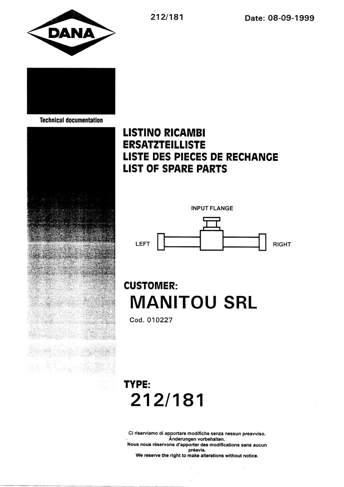 Dana Spicer 212/181 Steering Axle Parts Catalog for Manitou MRT14.32 & SERIE MVT Telehandler – cover