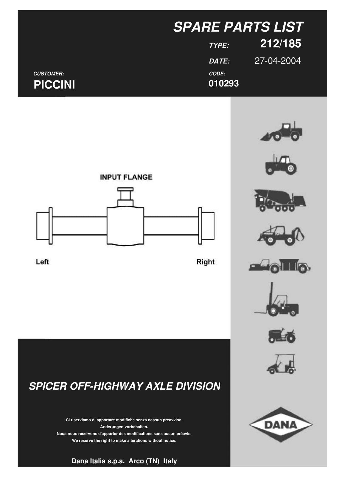 Dana Spicer 212/185 Steering Axle Parts Catalog for Piccini DBL 3500 LO Concrete Mixer – cover