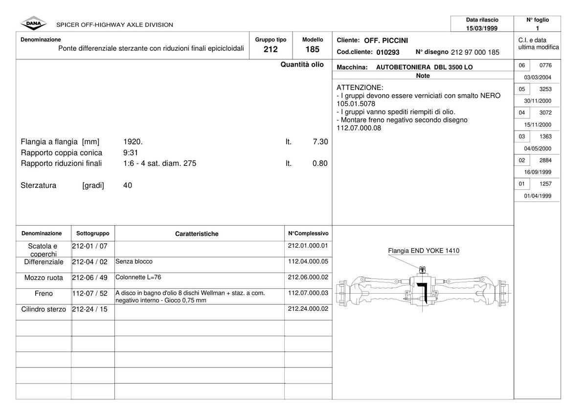 Dana Spicer 212/185 Steering Axle Parts Catalog for Piccini DBL 3500 LO Concrete Mixer – sample page 1