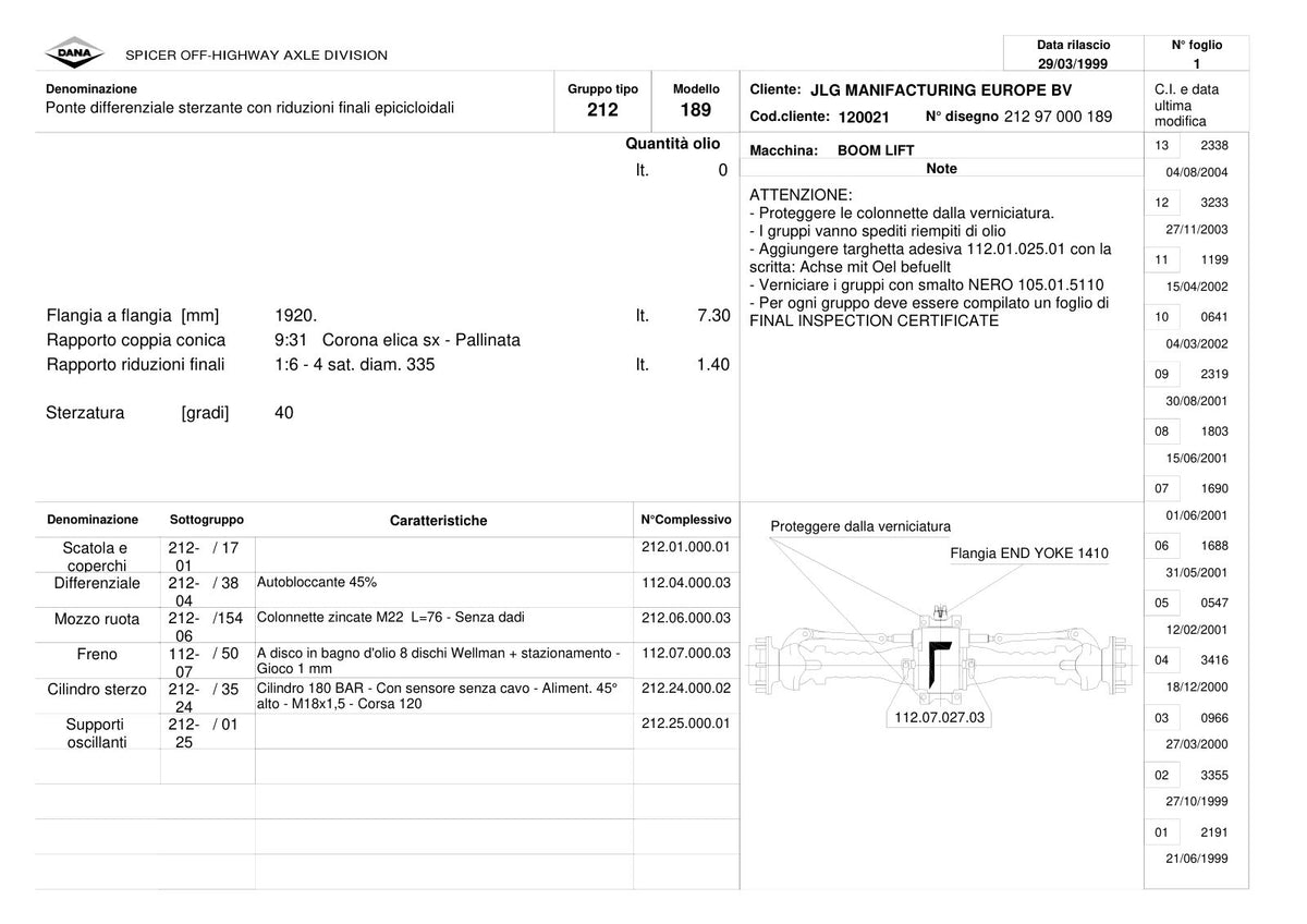 Dana Spicer 212/189 Steering Axle Parts Catalog for JLG Telehandler – sample page 1
