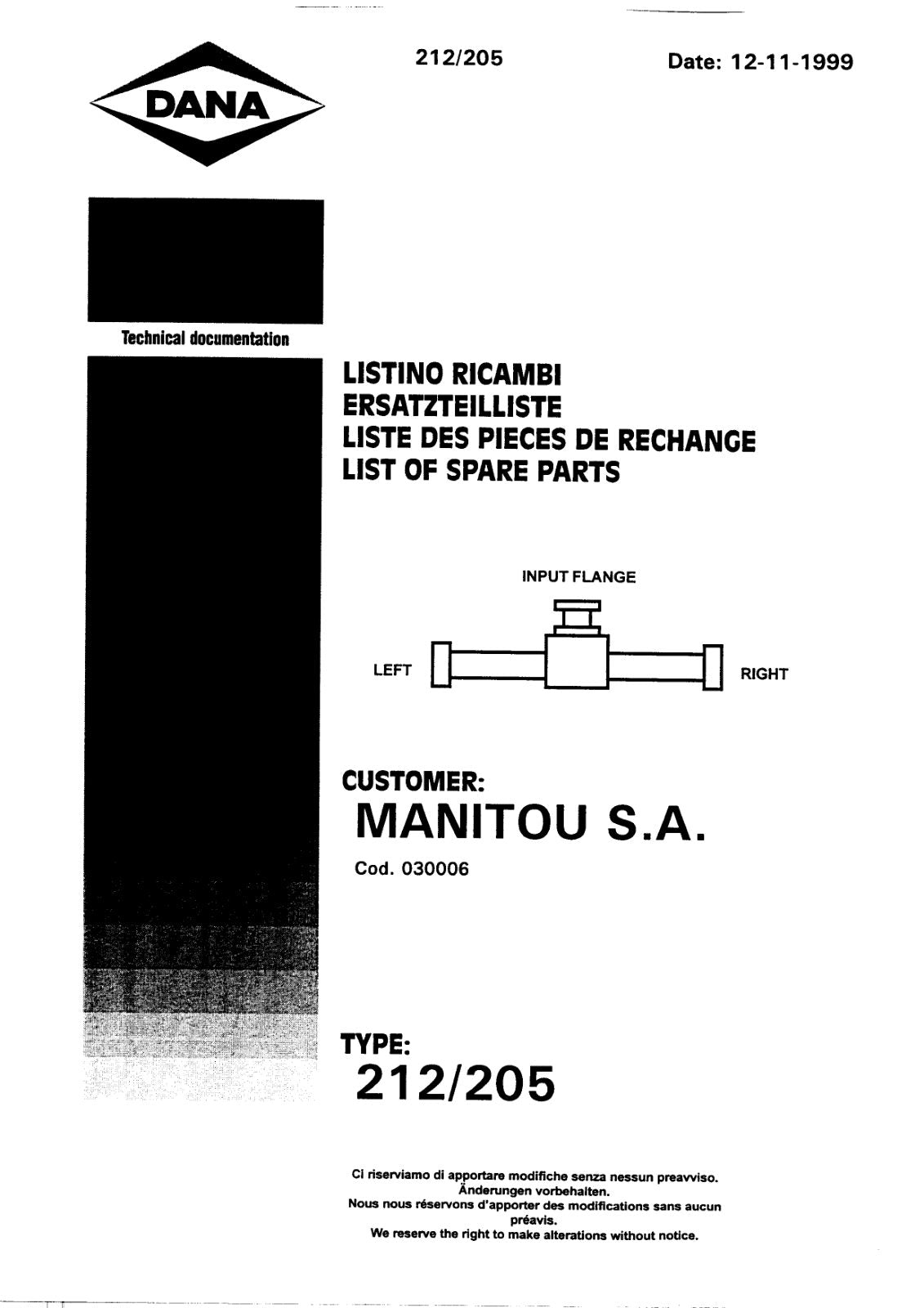 Dana Spicer 212/205 Steering Axle Parts Catalog for Manitou P150 Telehandler – cover