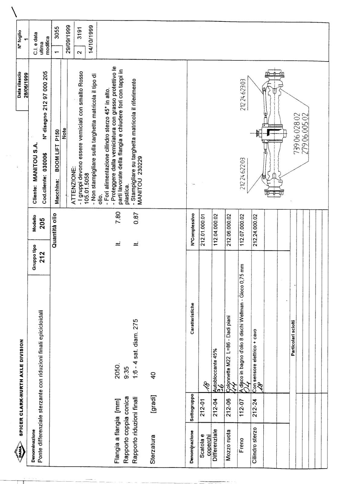 Dana Spicer 212/205 Steering Axle Parts Catalog for Manitou P150 Telehandler – sample page 1