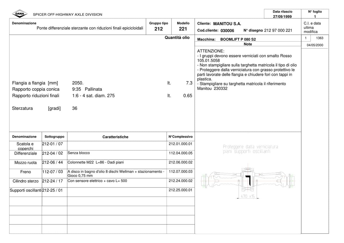 Dana Spicer 212/221 Steering Axle Parts Catalog for Manitou P 080 S2 Telehandler – sample page 1