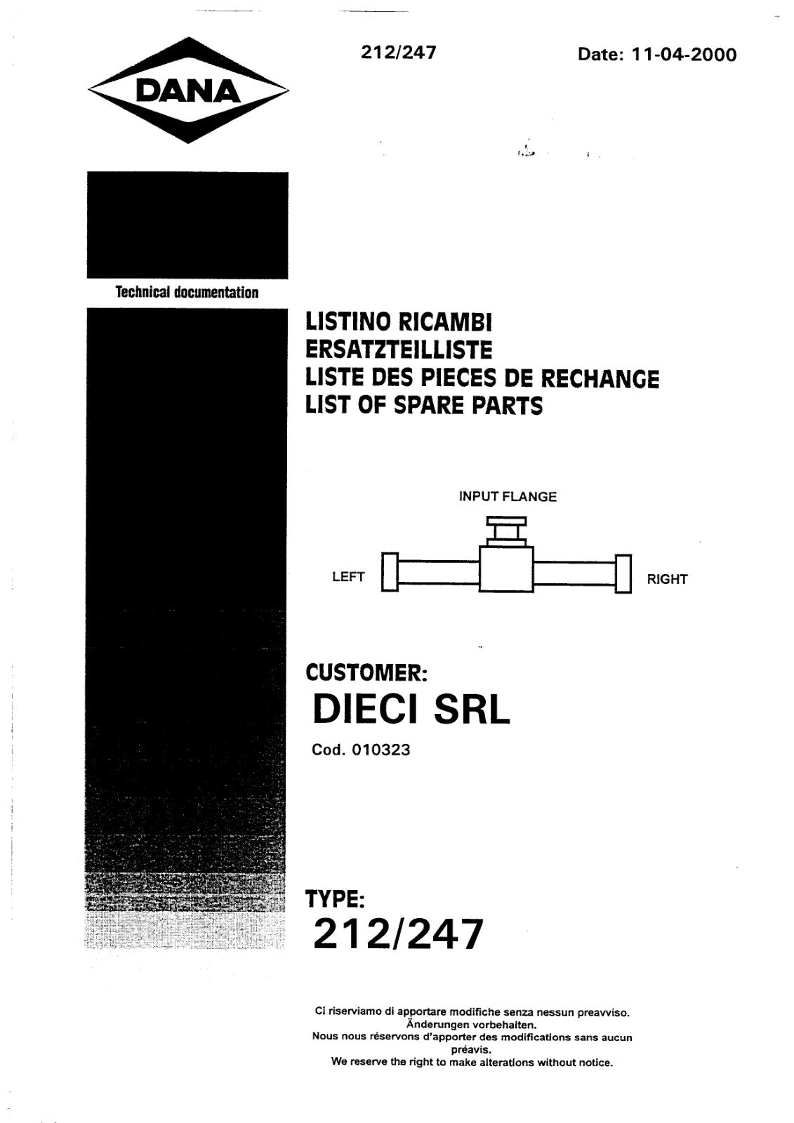 Dana Spicer 212/247 Steering Axle Parts Catalog for Dieci PEGASUS 30.18 Telehandler – cover