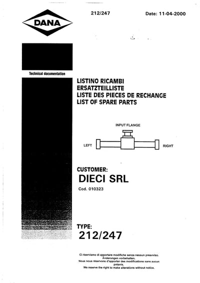 Dana Spicer 212/247 Steering Axle Parts Catalog for Dieci PEGASUS 30.18 Telehandler – cover