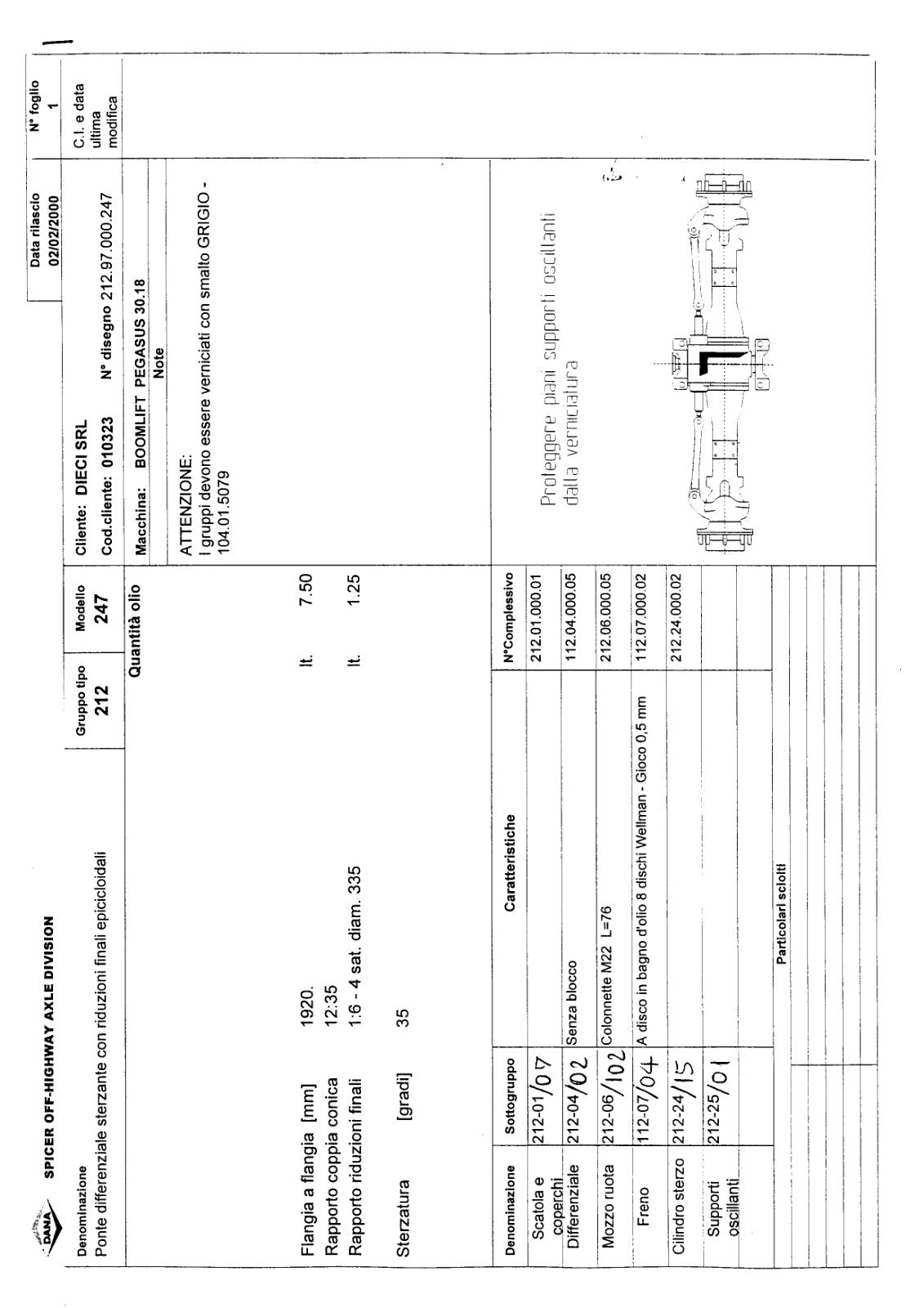 Dana Spicer 212/247 Steering Axle Parts Catalog for Dieci PEGASUS 30.18 Telehandler – sample page 1
