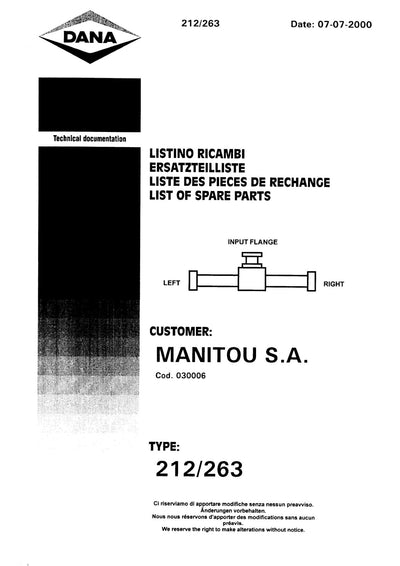 Dana Spicer 212/263 Steering Axle Parts Catalog for Manitou Telehandler – cover