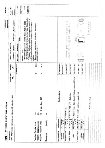Dana Spicer 212/263 Steering Axle Parts Catalog for Manitou Telehandler – sample page 1