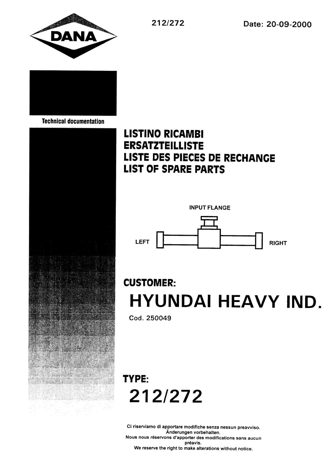 Dana Spicer 212/272 Steering Axle Parts Catalog for Hyundai R 130W-3 Wheeled Excavator – cover