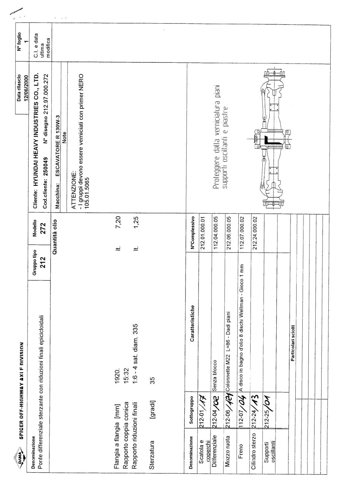 Dana Spicer 212/272 Steering Axle Parts Catalog for Hyundai R 130W-3 Wheeled Excavator – sample page 1