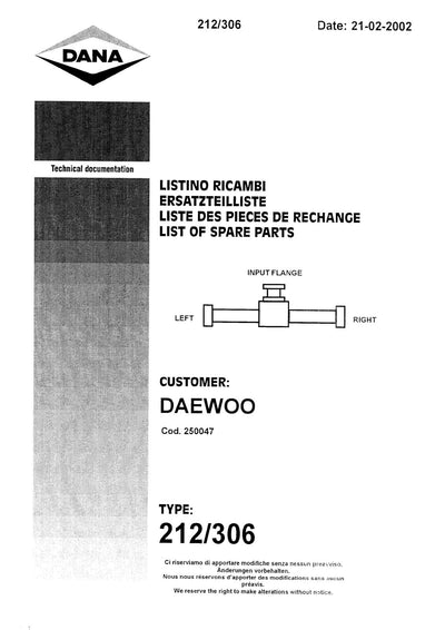 Dana Spicer 212/306 Steering Axle Parts Catalog for Daewoo S 130W Wheeled Excavator – cover