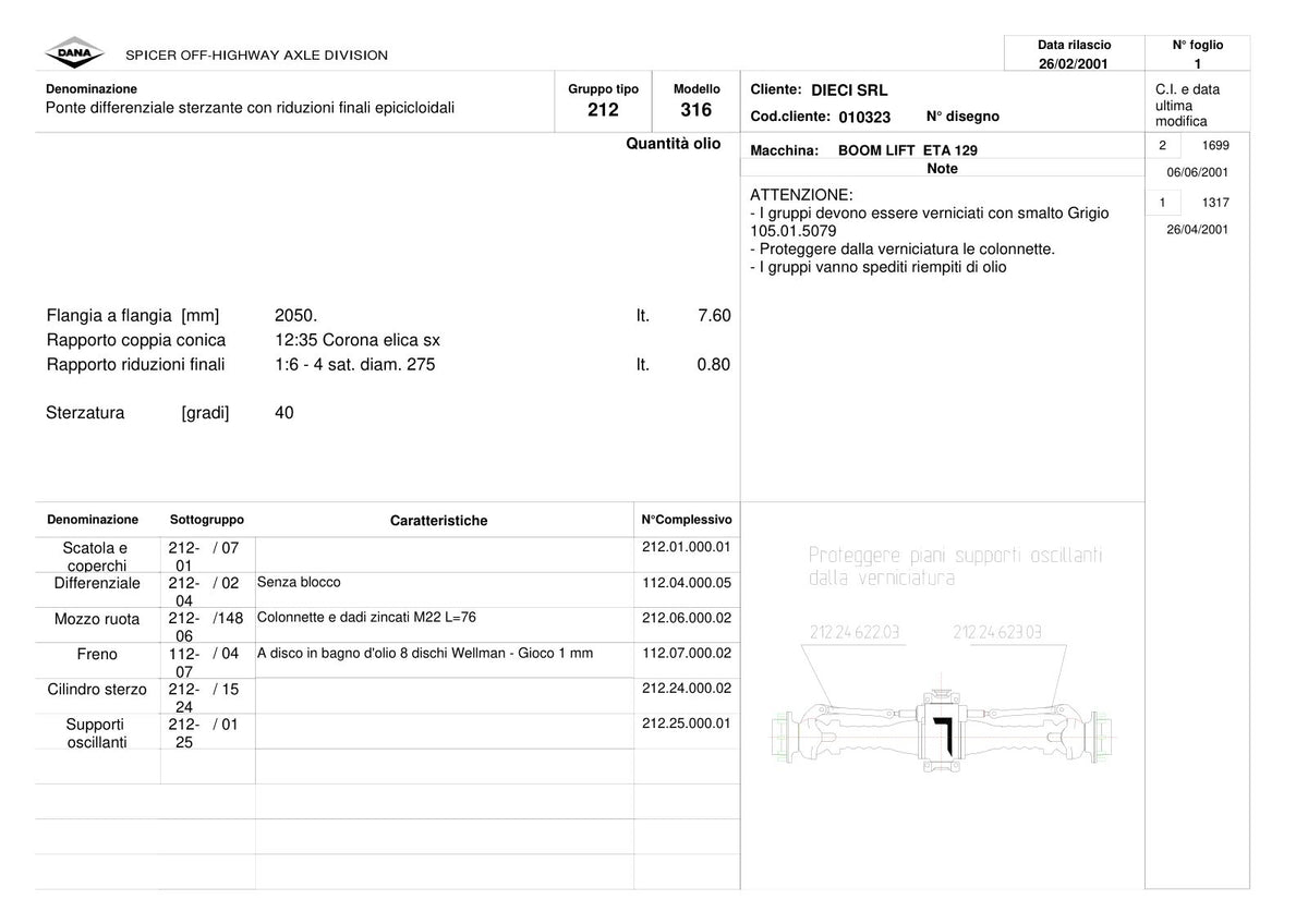 Dana Spicer 212/316 Steering Axle Parts Catalog for Dieci ETA 129 Telehandler – sample page 1