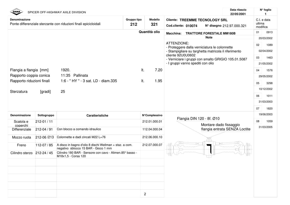 Dana Spicer 212/321 Steering Axle Parts Catalog for Merlo Treemme MM180B Forestry Tractor – sample page 1