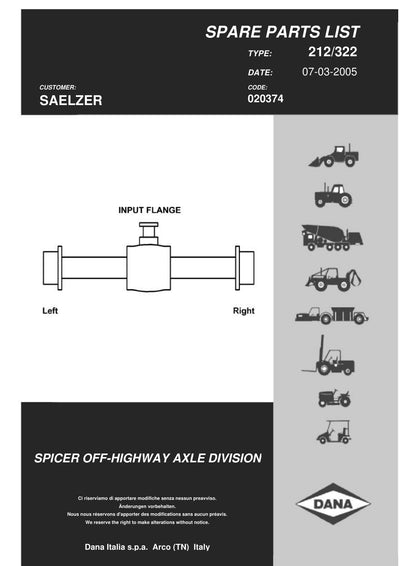 Dana Spicer 212/322 Steering Axle Parts Catalog for Saelzer SF10 Beet Harvester – cover