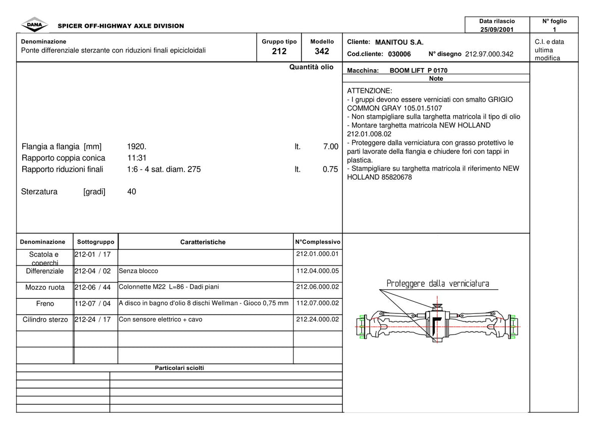 Dana Spicer 212/342 Steering Axle Parts Catalog for Manitou P 0170 Telehandler – sample page 1