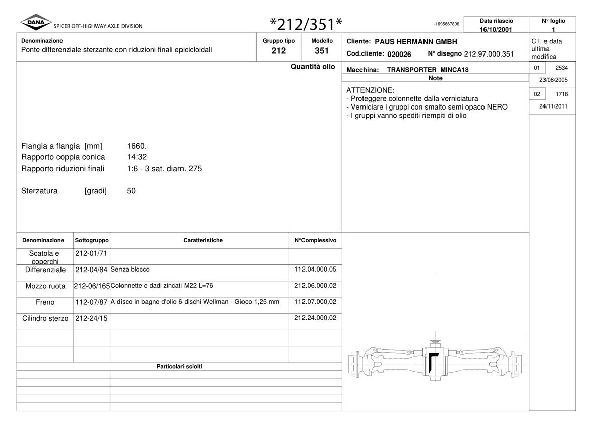 Dana Spicer 212/351 Steering Axle Parts Catalog for Paus MINCA18 Transporter – sample page 1