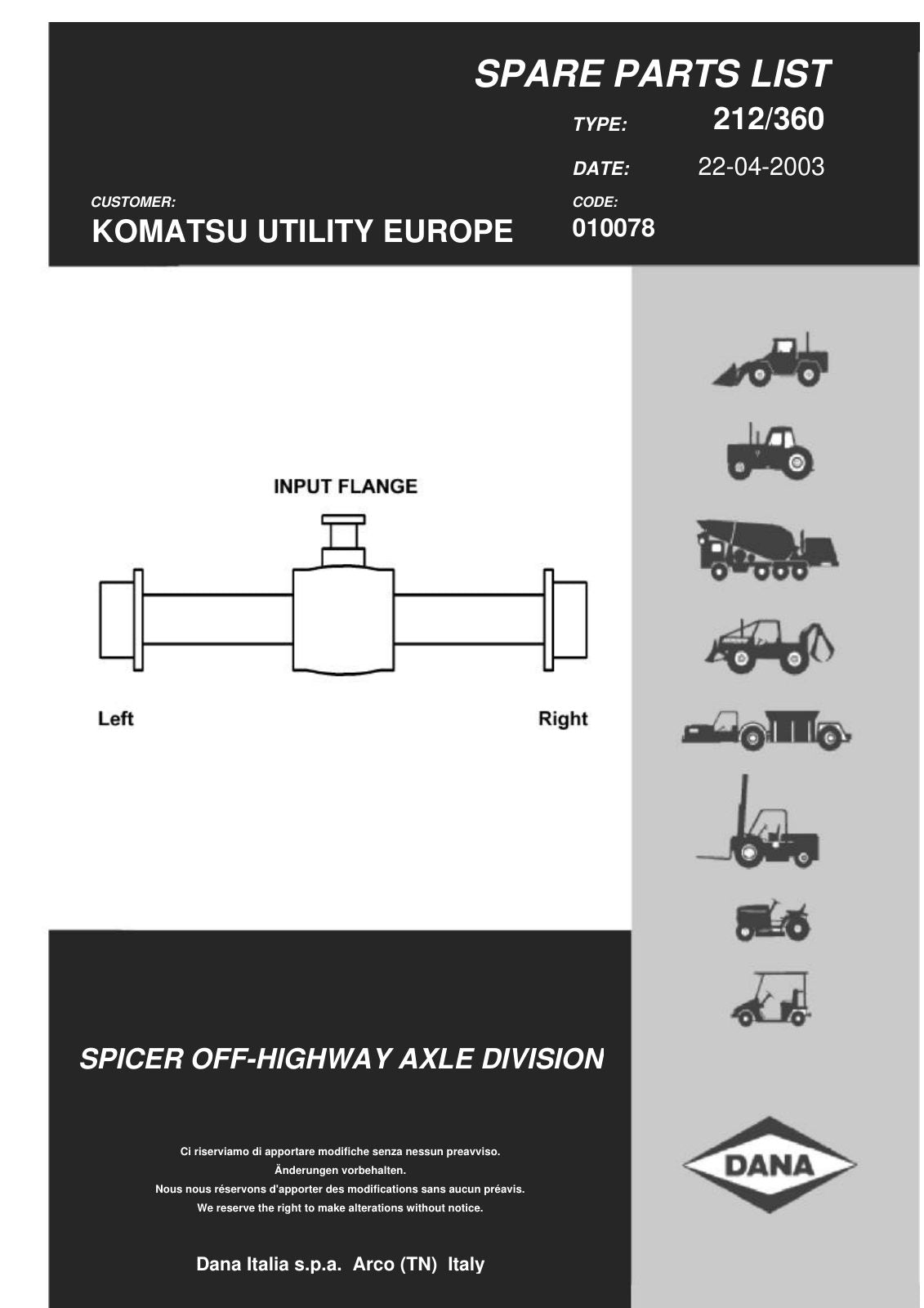 Dana Spicer 212/360 Steering Axle Parts Catalog for Komatsu K06 B&D Telehandler – cover