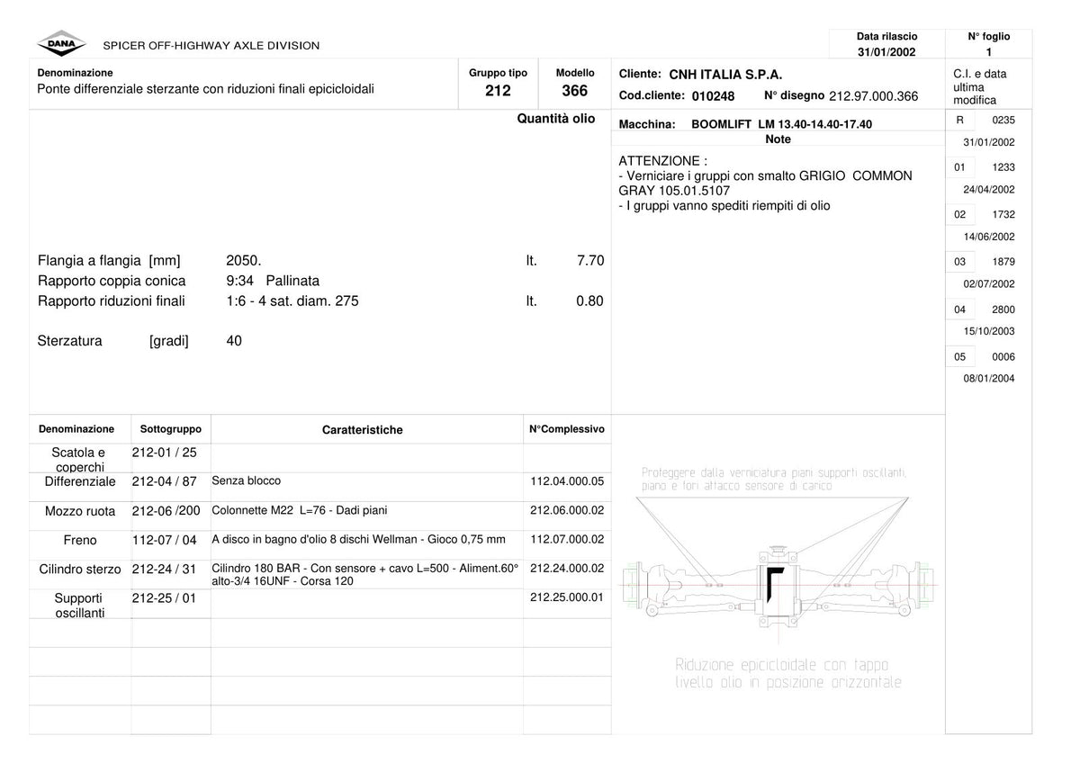 Dana Spicer 212/366 Steering Axle Parts Catalog for CNH LM 13.40-14.40-17.40 Telehandler – sample page 1