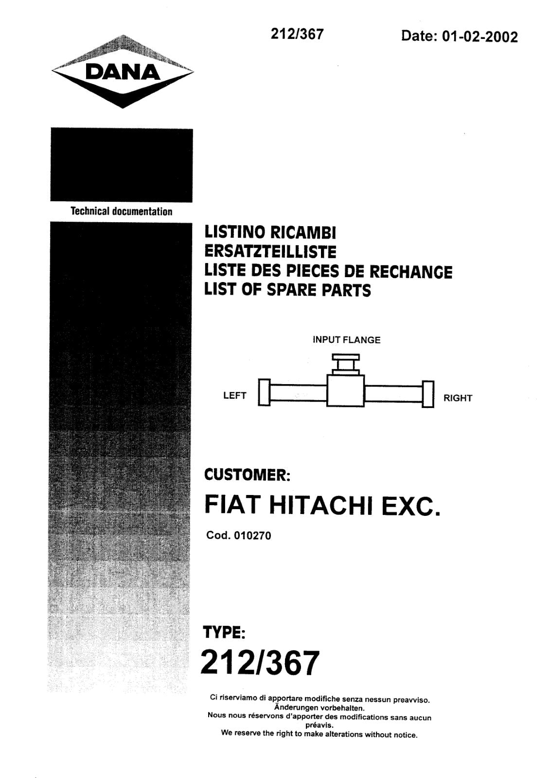 Dana Spicer 212/367 Steering Axle Parts Catalog for Fiat-Hitachi NH 12.40 - 14.40 Telehandler – cover