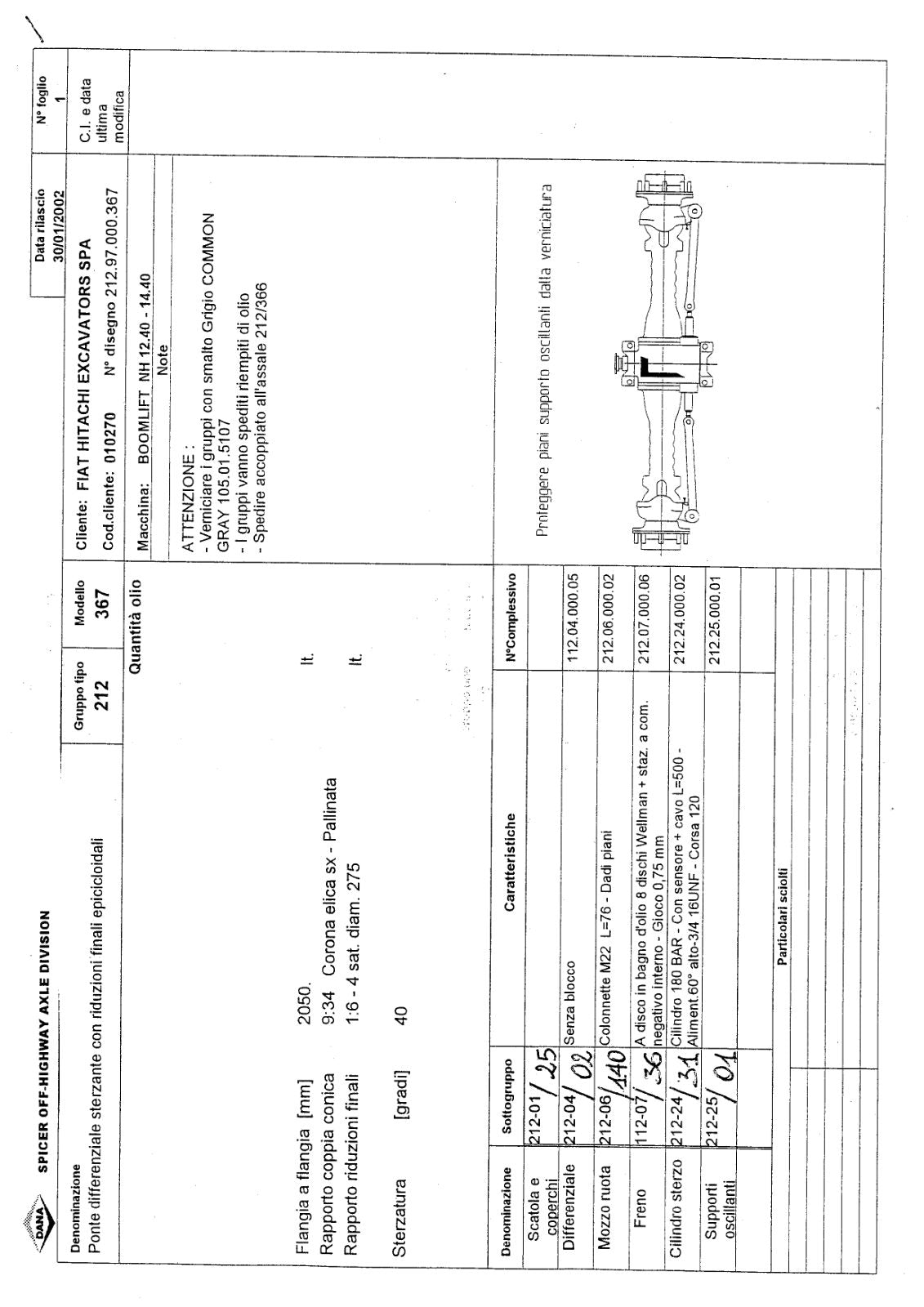 Dana Spicer 212/367 Steering Axle Parts Catalog for Fiat-Hitachi NH 12.40 - 14.40 Telehandler – sample page 1