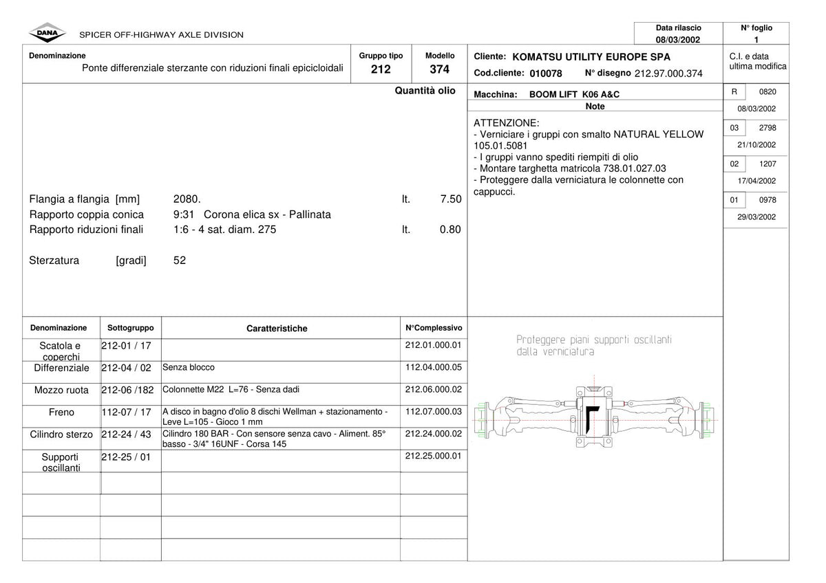 Dana Spicer 212/374 Steering Axle Parts Catalog for Komatsu K06 A&C Telehandler – sample page 1