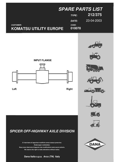 Dana Spicer 212/375 Steering Axle Parts Catalog for Komatsu K06 A&C Telehandler – cover