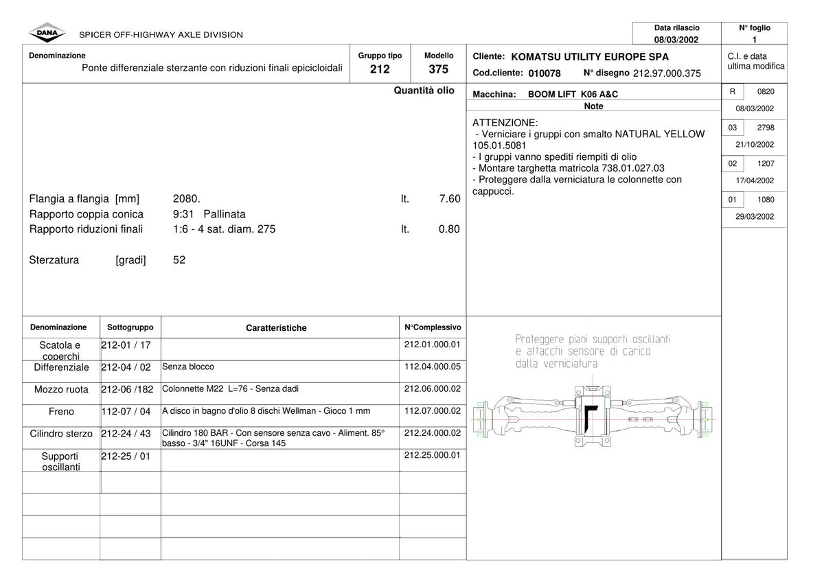 Dana Spicer 212/375 Steering Axle Parts Catalog for Komatsu K06 A&C Telehandler – sample page 1