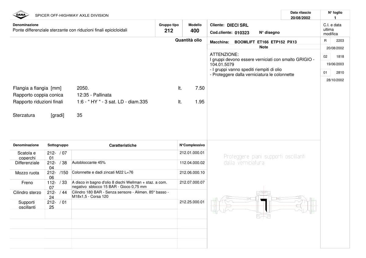 Dana Spicer 212/400 Steering Axle Parts Catalog for Dieci ET166 ETP152 PX13 Telehandler – sample page 1