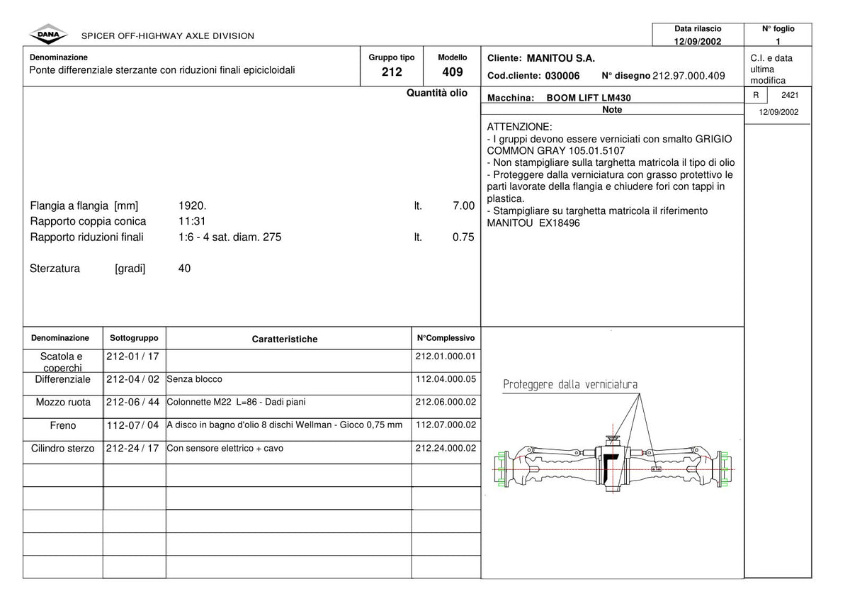 Dana Spicer 212/409 Steering Axle Parts Catalog for Manitou LM430 Telehandler (Manitou EX18496) – sample page 1