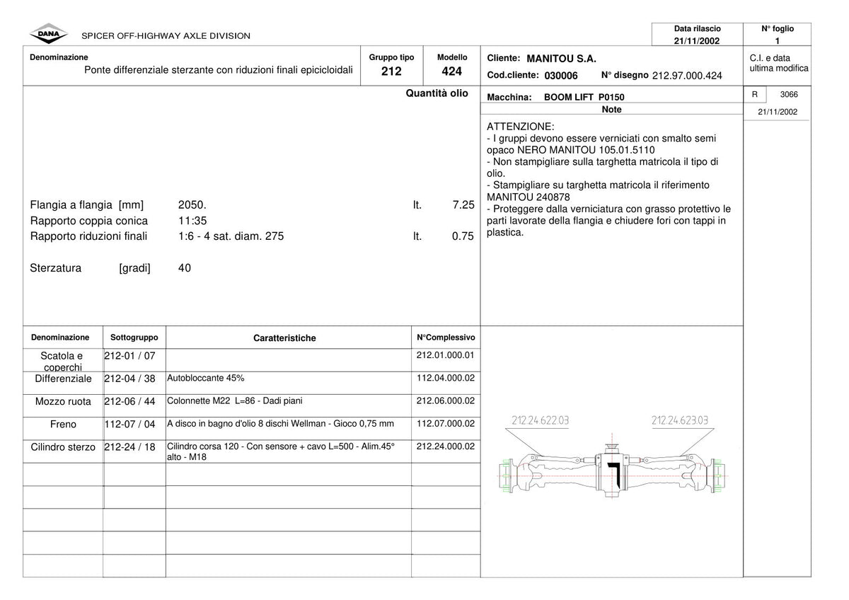 Dana Spicer 212/424 Steering Axle Parts Catalog for Manitou P0150 Telehandler (Manitou 240878) – sample page 1
