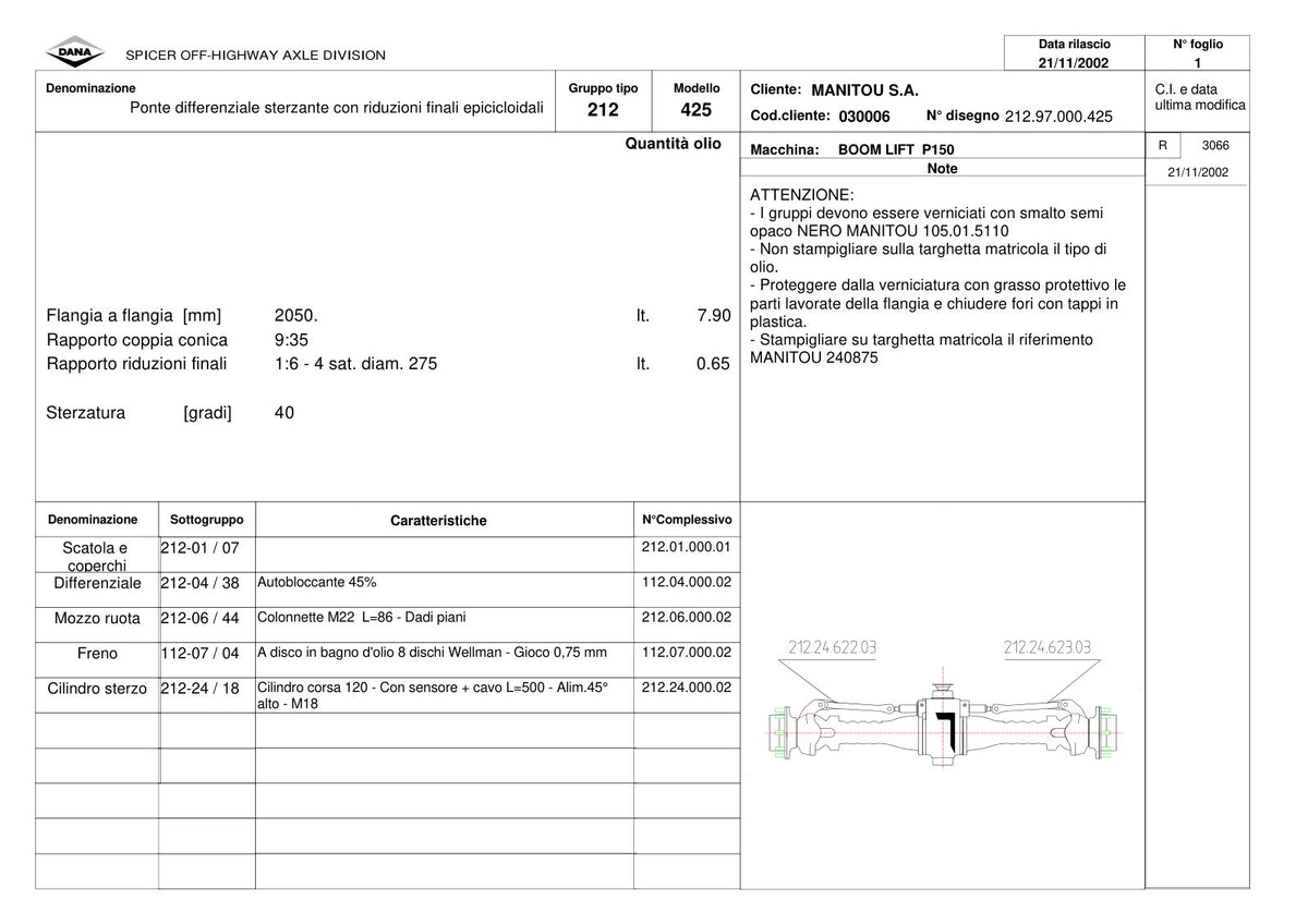 Dana Spicer 212/425 Steering Axle Parts Catalog for Manitou P150 Telehandler (Manitou 240875) – sample page 1