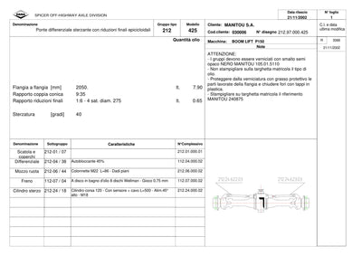 Dana Spicer 212/425 Steering Axle Parts Catalog for Manitou P150 Telehandler (Manitou 240875) – sample page 1