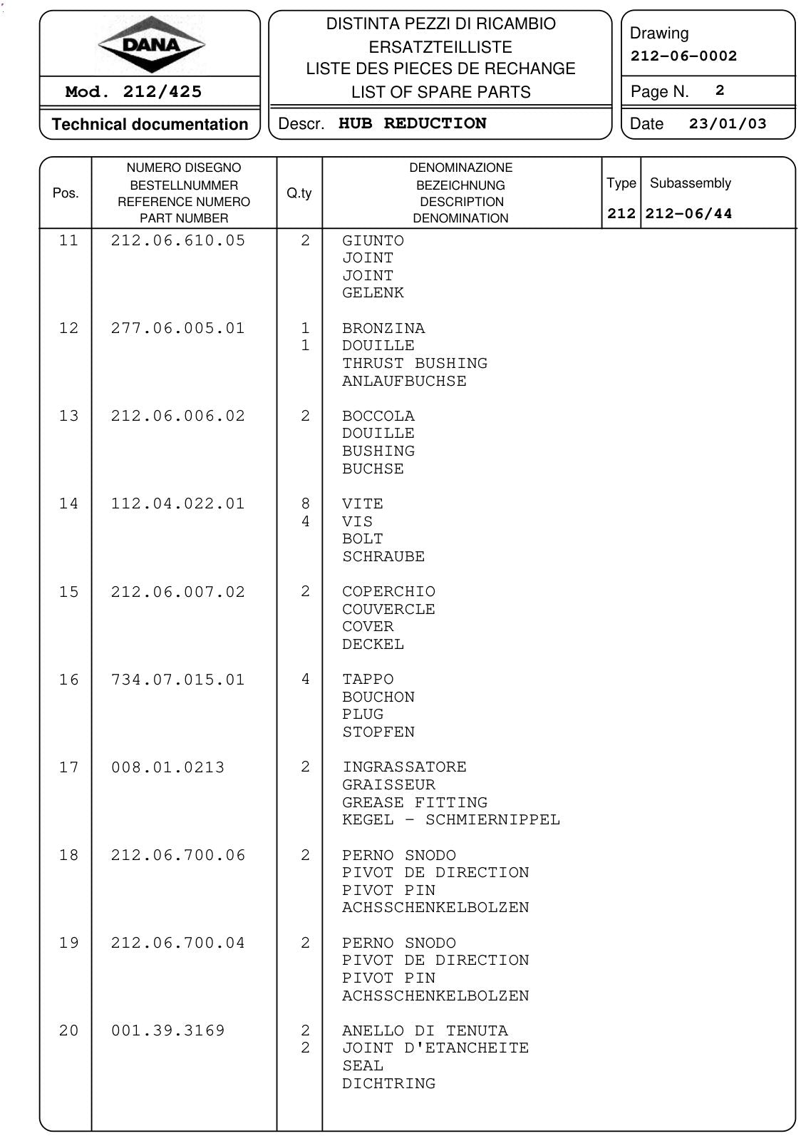 Dana Spicer 212/425 Steering Axle Parts Catalog for Manitou P150 Telehandler (Manitou 240875) – sample page 2