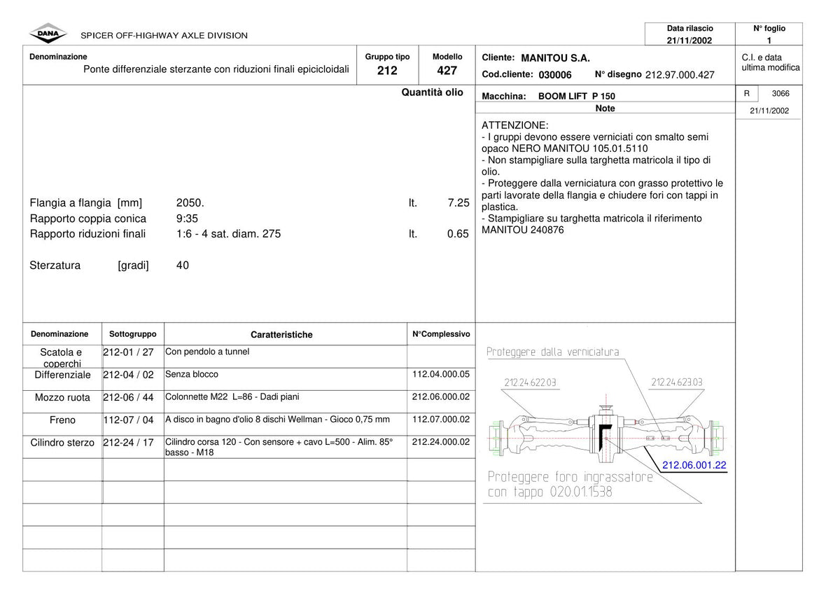 Dana Spicer 212/427 Steering Axle Parts Catalog for Manitou P 150 Telehandler (Manitou 240876) – sample page 1
