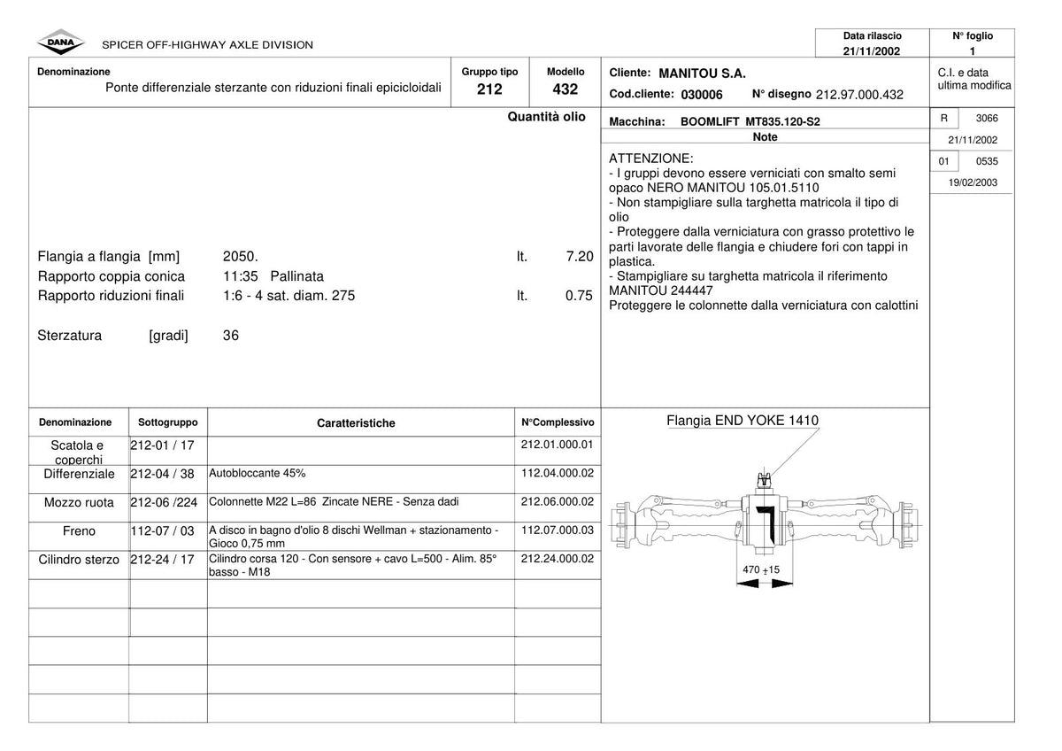 Dana Spicer 212/432 Steering Axle Parts Catalog for Manitou MT835.120-S2 Telehandler (Manitou 244447) – sample page 1
