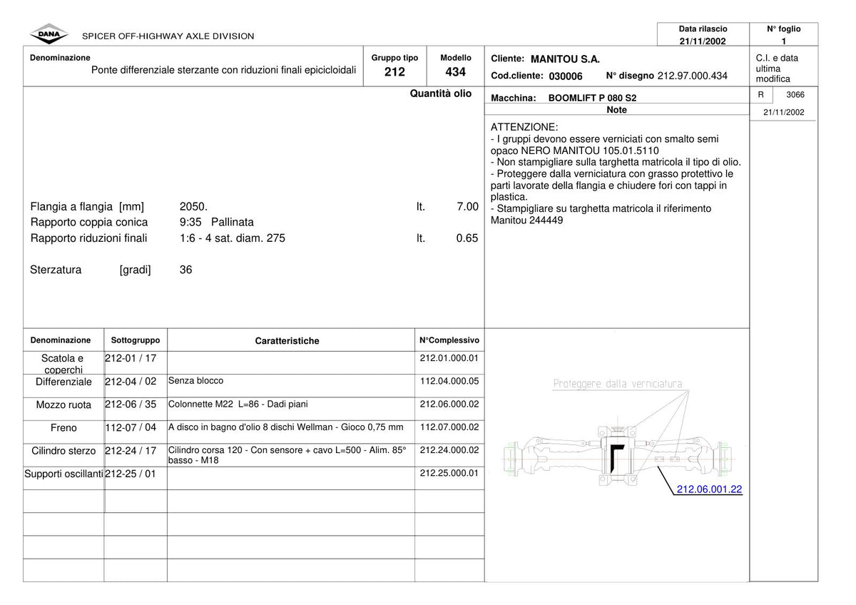 Dana Spicer 212/434 Steering Axle Parts Catalog for Manitou P 080 S2 Telehandler – sample page 1