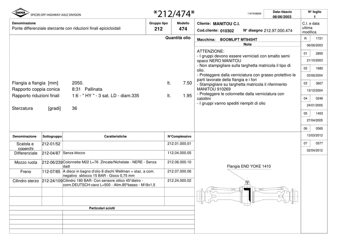 Dana Spicer 212/474 Steering Axle Parts Catalog for Manitou MT845HT Telehandler (Manitou 910269) – sample page 1