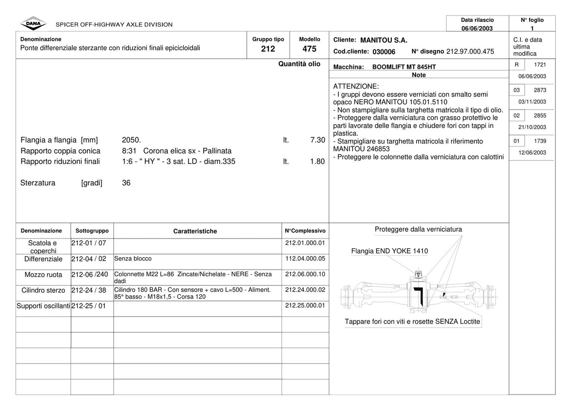 Dana Spicer 212/475 Steering Axle Parts Catalog for Manitou MT 845HT Telehandler (Manitou 246853) – sample page 1