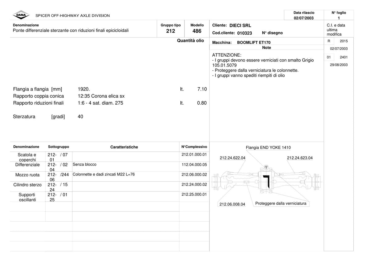 Dana Spicer 212/486 Steering Axle Parts Catalog for Dieci ET170 Telehandler – sample page 1