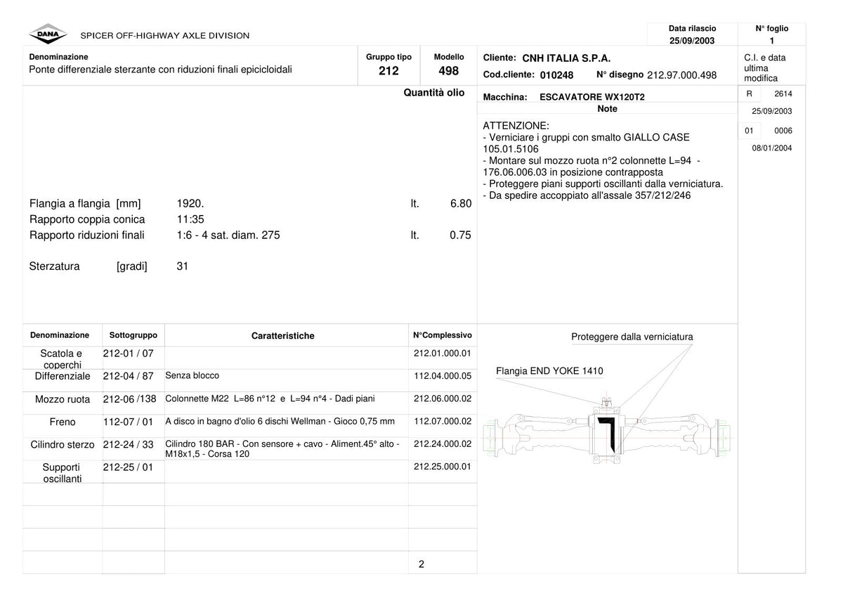 Dana Spicer 212/498 Steering Axle Parts Catalog for CNH WX120T2 Wheeled Excavator – sample page 1