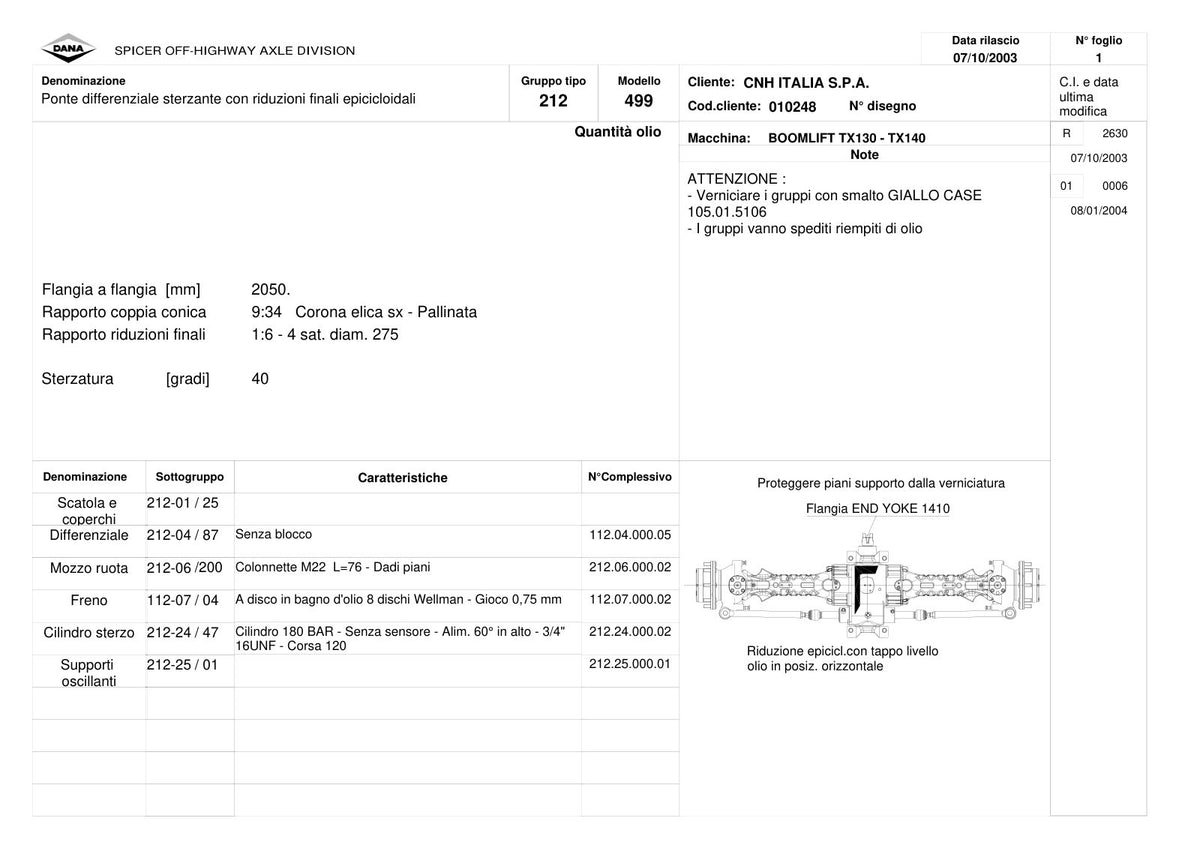 Dana Spicer 212/499 Steering Axle Parts Catalog for CNH TX130 - TX140 Telehandler – sample page 1