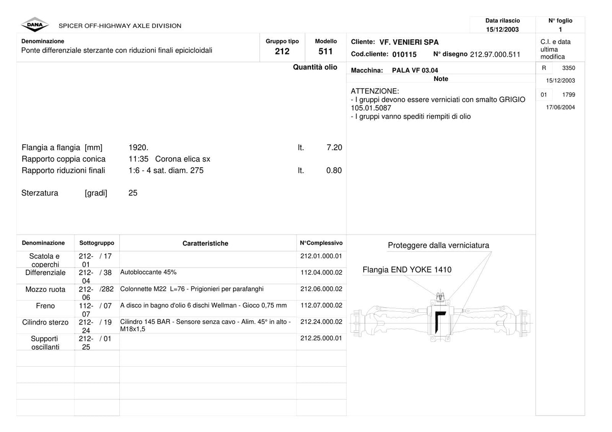 Dana Spicer 212/511 Steering Axle Parts Catalog for Venieri VF 03.04 Wheel Loader (Old Version) – sample page 1